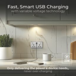 British General Nexus Metal 13A 2-Gang SP Switched Socket + 2.4A 22W 2-Outlet Type A & C USB Charger Brushed Steel with Grey Inserts