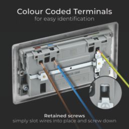 British General Nexus Metal 13A 2-Gang SP Switched Socket + 2.4A 22W 2-Outlet Type A & C USB Charger Brushed Steel with Grey Inserts