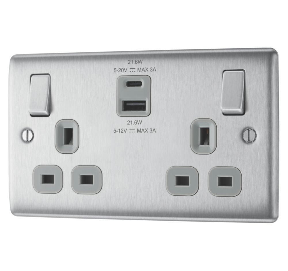 British General Nexus Metal 13A 2-Gang SP Switched Socket + 2.4A 22W 2-Outlet Type A & C USB Charger Brushed Steel with Grey Inserts