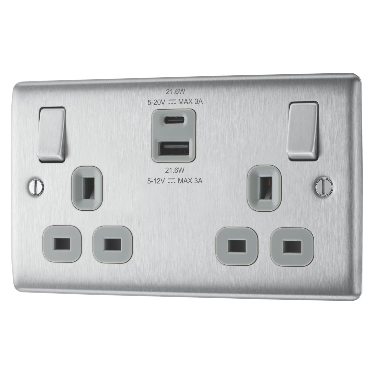 British General Nexus Metal 13A 2-Gang SP Switched Socket + 2.4A 22W 2-Outlet Type A & C USB Charger Brushed Steel with Grey Inserts (624PM)