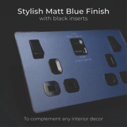 British General Evolve 13A 2-Gang SP Switched Socket + 3A 22W 2-Outlet Type A & C USB Charger Blue with Black Inserts