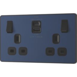 British General Evolve 13A 2-Gang SP Switched Socket + 3A 22W 2-Outlet Type A & C USB Charger Blue with Black Inserts