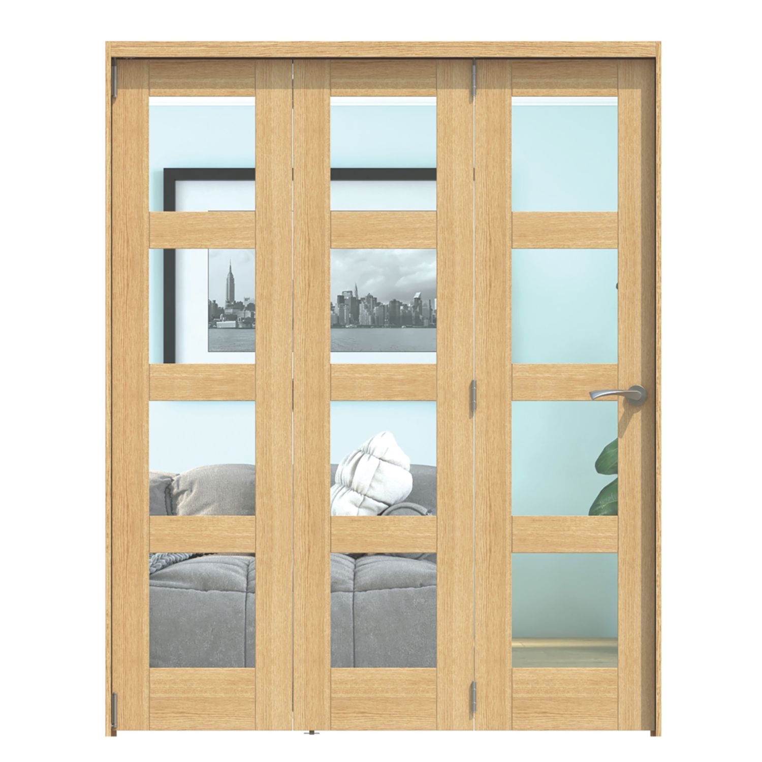 Green & Taylor 3-Door 4-Clear Light Satin Lacquered Oak Wooden Shaker Internal Bi-Fold Fully Finished Door 2060mm x 1674mm (626CT)
