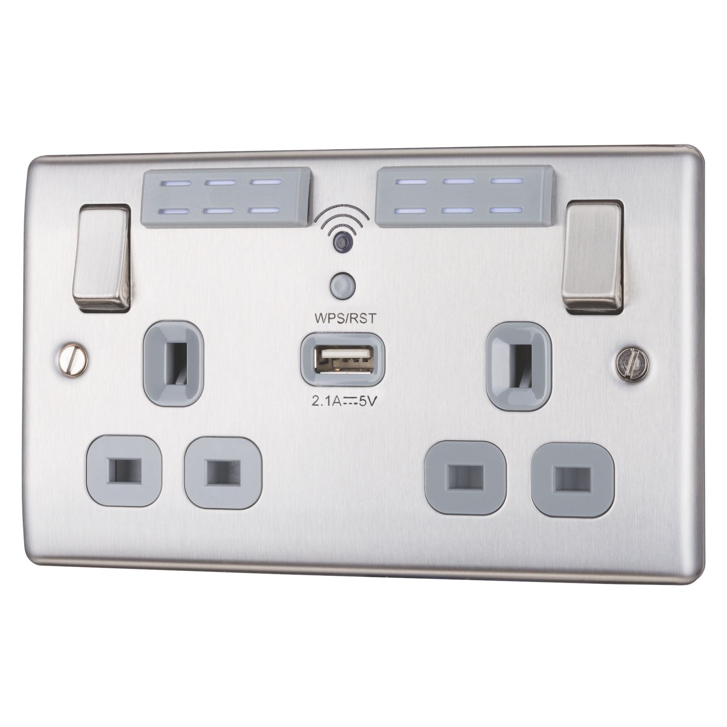 British General Nexus Metal 13A 2-Gang SP Switched WiFi Extend. Skt. + 2.1A 10.5W 1-Outlet Type A USB Charger Brushed Stainless Steel with Graphite...