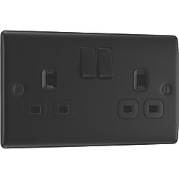 British General Nexus Metal 13A 2-Gang DP Switched Power Socket Matt Black  with Colour-Matched Inserts