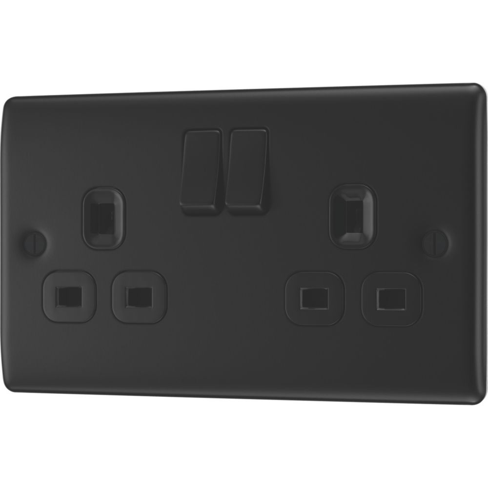 British General Nexus Metal 13A 2-Gang DP Switched Power Socket Matt Black  with Colour-Matched Inserts