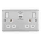 LAP  13A 2-Gang SP Switched Socket + 3A 45W 2-Outlet Type A & C USB Charger Brushed Steel with White Inserts