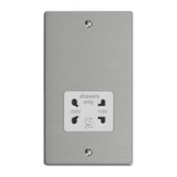Varilight  2-Gang Dual Voltage Shaver Socket 115 / 230V Brushed Steel with White Inserts
