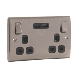 British General Nexus Metal 13A 2-Gang SP Switched Socket + 3.1A 15.5W 2-Outlet Type A USB Charger Brushed Iridium with Black Inserts