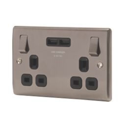 British General Nexus Metal 13A 2-Gang SP Switched Socket + 3.1A 15.5W 2-Outlet Type A USB Charger Brushed Iridium with Black Inserts