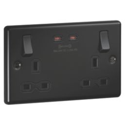 Knightsbridge  13A 2-Gang DP Switched Socket + 3.25A 65W 2-Outlet Type C USB Charger Matt Black with Black Inserts