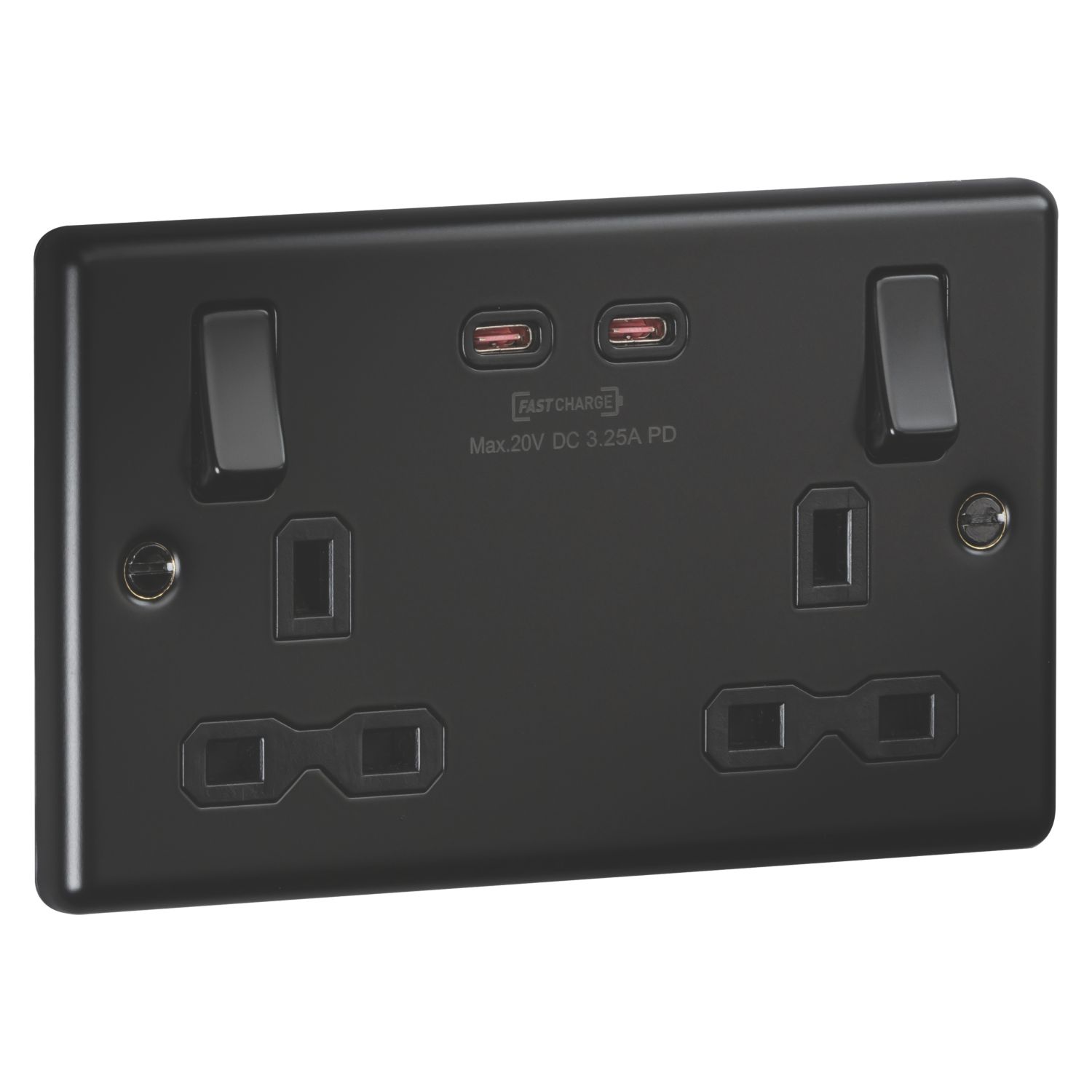 Knightsbridge 13A 2-Gang DP Switched Socket + 3.25A 65W 2-Outlet Type C USB Charger Matt Black with Black Inserts (627CR)
