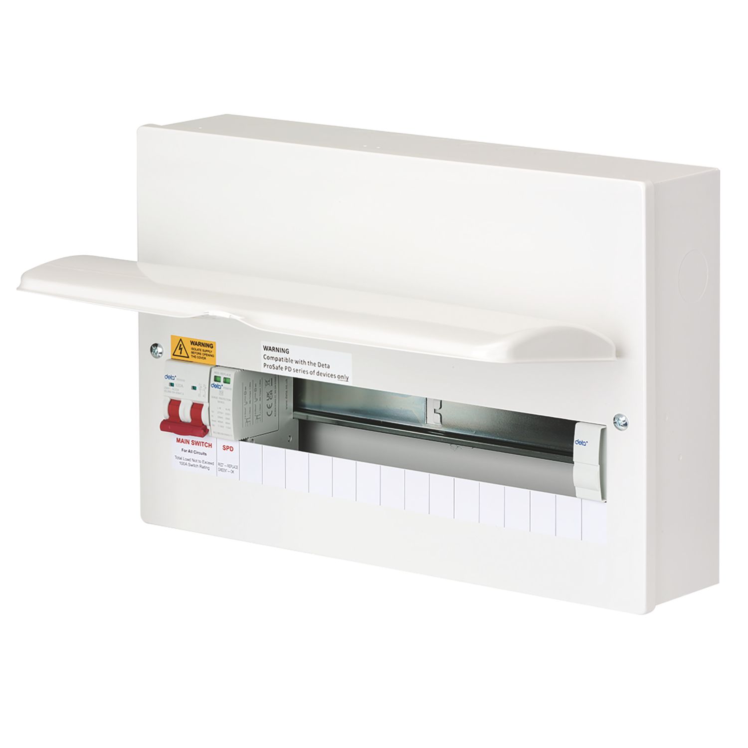 Deta PE1018S 18-Module 15-Way Part-Populated Main Switch Consumer Unit with SPD (627PV)