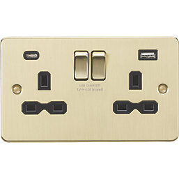 Knightsbridge  13A 2-Gang SP Switched Socket + 4.0A 20W 2-Outlet Type A & C USB Charger Brushed Brass with Black Inserts