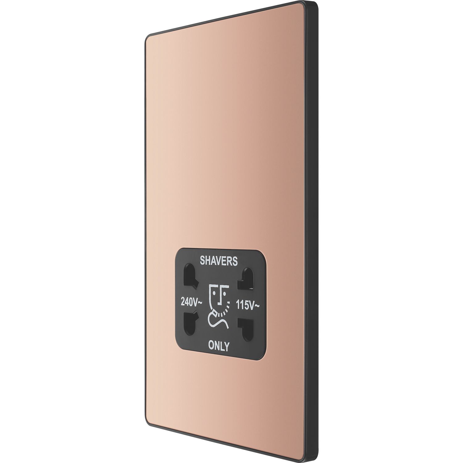 British General Evolve 2-Gang Dual Voltage Shaver Socket 115/240V Copper with Black Inserts (628RF)