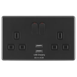 Arlec  13A 2-Gang SP Switched Socket + 4A 15W 2-Outlet Type A USB Charger Black with Colour-Matched Inserts