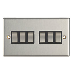 Contactum iConic 10AX 6-Gang 2-Way Light Switch  Brushed Steel with Black Inserts