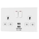 Arlec  13A 2-Gang SP Switched Socket + 4A 15W 2-Outlet Type A USB Charger White with Colour-Matched Inserts