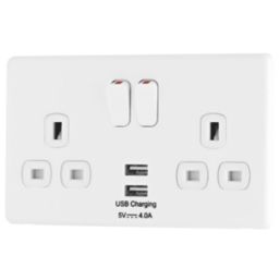 Arlec  13A 2-Gang SP Switched Socket + 4A 15W 2-Outlet Type A USB Charger White with Colour-Matched Inserts