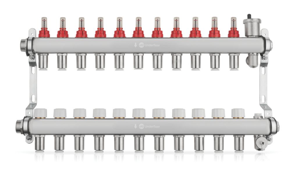 JG Underfloor 11 Port Underfloor Heating Manifold Brushed Steel - Screwfix