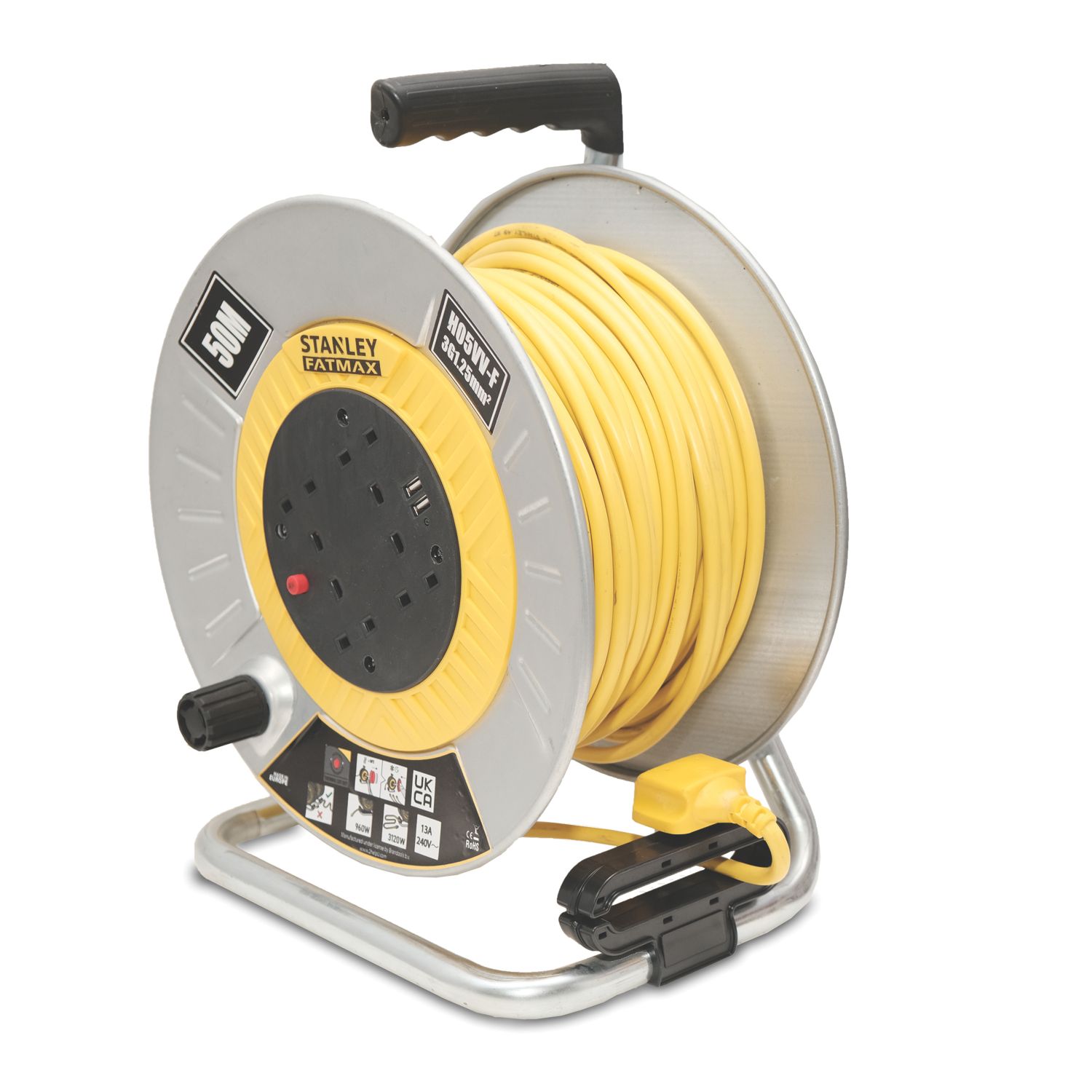 Stanley 13A 4-Gang 50m FatMax Cable Reel + 2.1A 2-Outlet Type A USB Charger 240V (630VA)