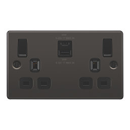 LAP  13A 2-Gang SP Switched Socket + 3A 45W 2-Outlet Type A & C USB Charger Black Nickel with Black Inserts