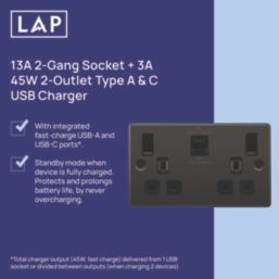 LAP  13A 2-Gang SP Switched Socket + 3A 45W 2-Outlet Type A & C USB Charger Black Nickel with Black Inserts
