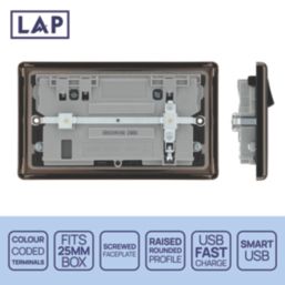 LAP  13A 2-Gang SP Switched Socket + 3A 45W 2-Outlet Type A & C USB Charger Black Nickel with Black Inserts