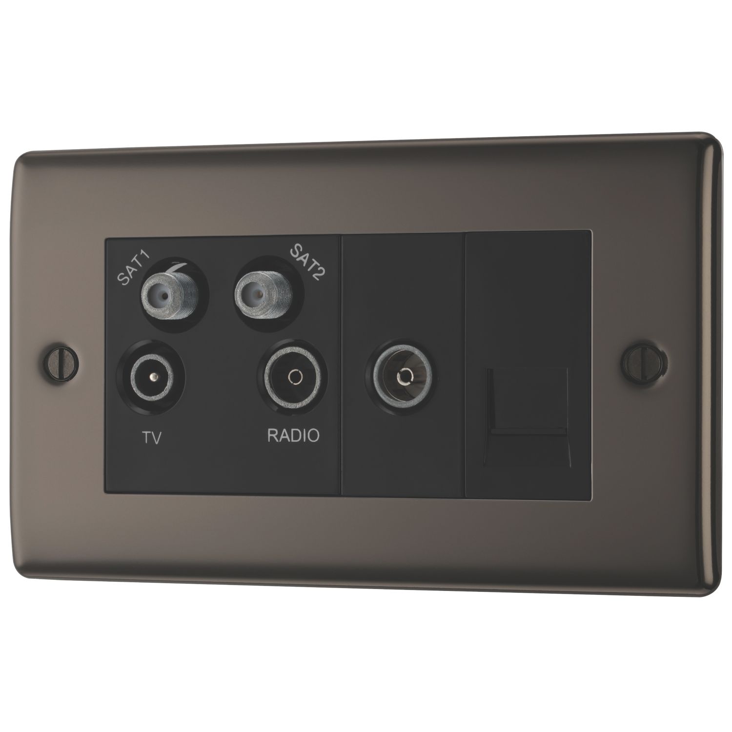 British General Nexus Metal 4-Gang Quadruplex TV Socket Black Nickel (631XF)