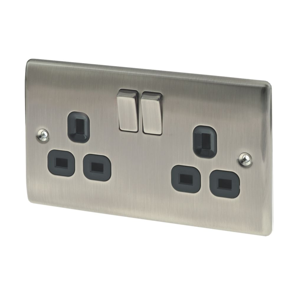 British General Nexus Metal 13A 2-Gang DP Switched Plug Socket Brushed Iridium  with Black Inserts
