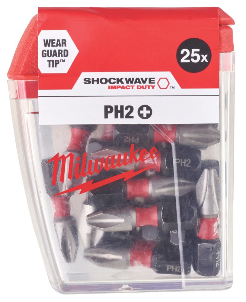 Milwaukee Shockwave 1/4" 25mm Straight Shank PH2 Screwdriver Bits 25 Pack