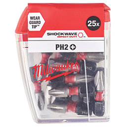 Milwaukee Shockwave 1/4" 25mm Straight Shank PH2 Screwdriver Bits 25 Pack