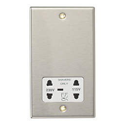 Contactum Iconic 2-Gang Dual Voltage Shaver Socket 115 - 230V Brushed Steel with White Inserts