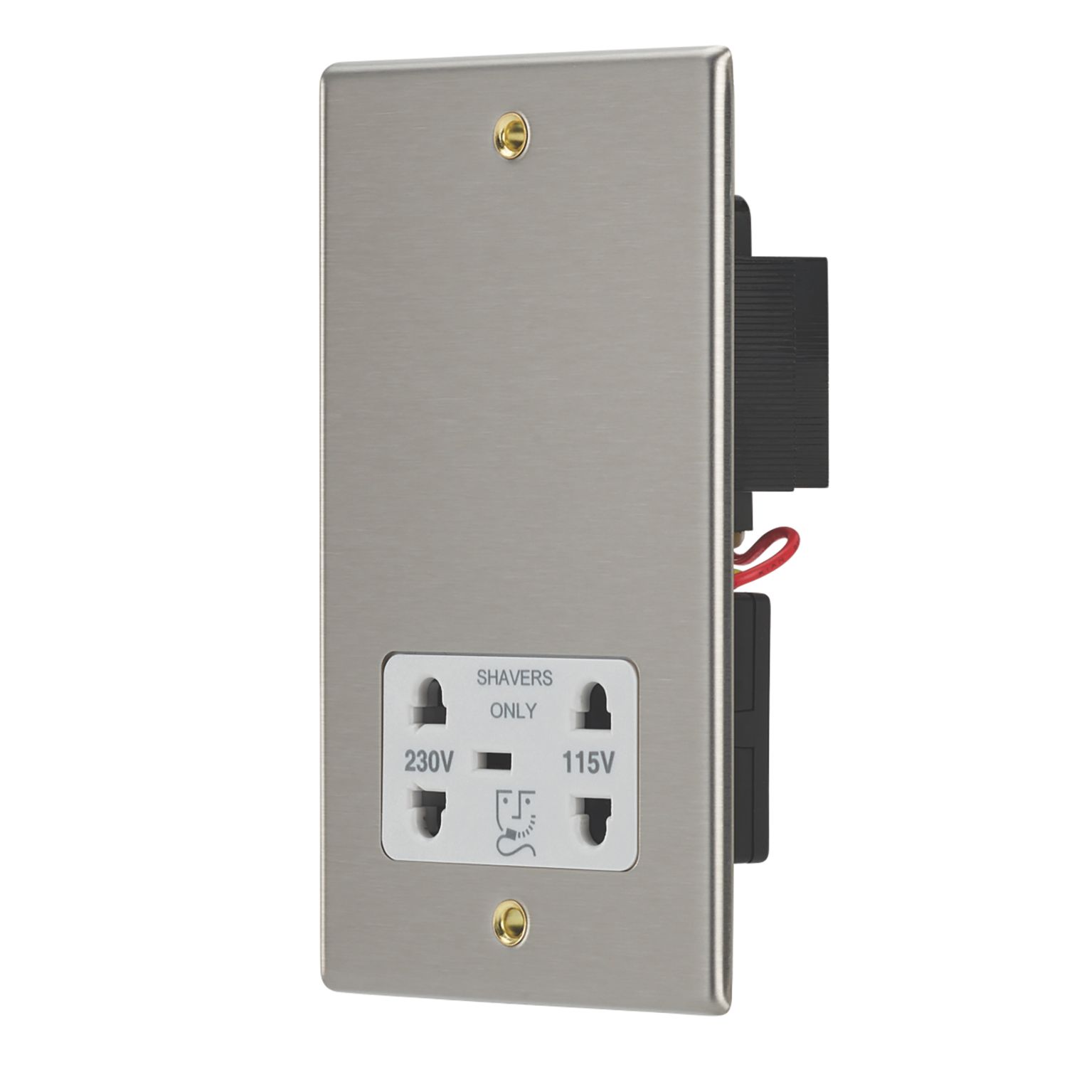 Contactum Iconic 2-Gang Dual Voltage Shaver Socket 115 - 230V Brushed Steel with White Inserts (633RR)