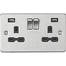 Knightsbridge  13A 2-Gang SP Switched Socket + 2.4A 2-Outlet Type A USB Charger Brushed Chrome with Black Inserts
