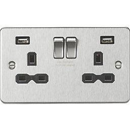 Knightsbridge  13A 2-Gang SP Switched Socket + 2.4A 12W 2-Outlet Type A USB Charger Brushed Chrome with Black Inserts