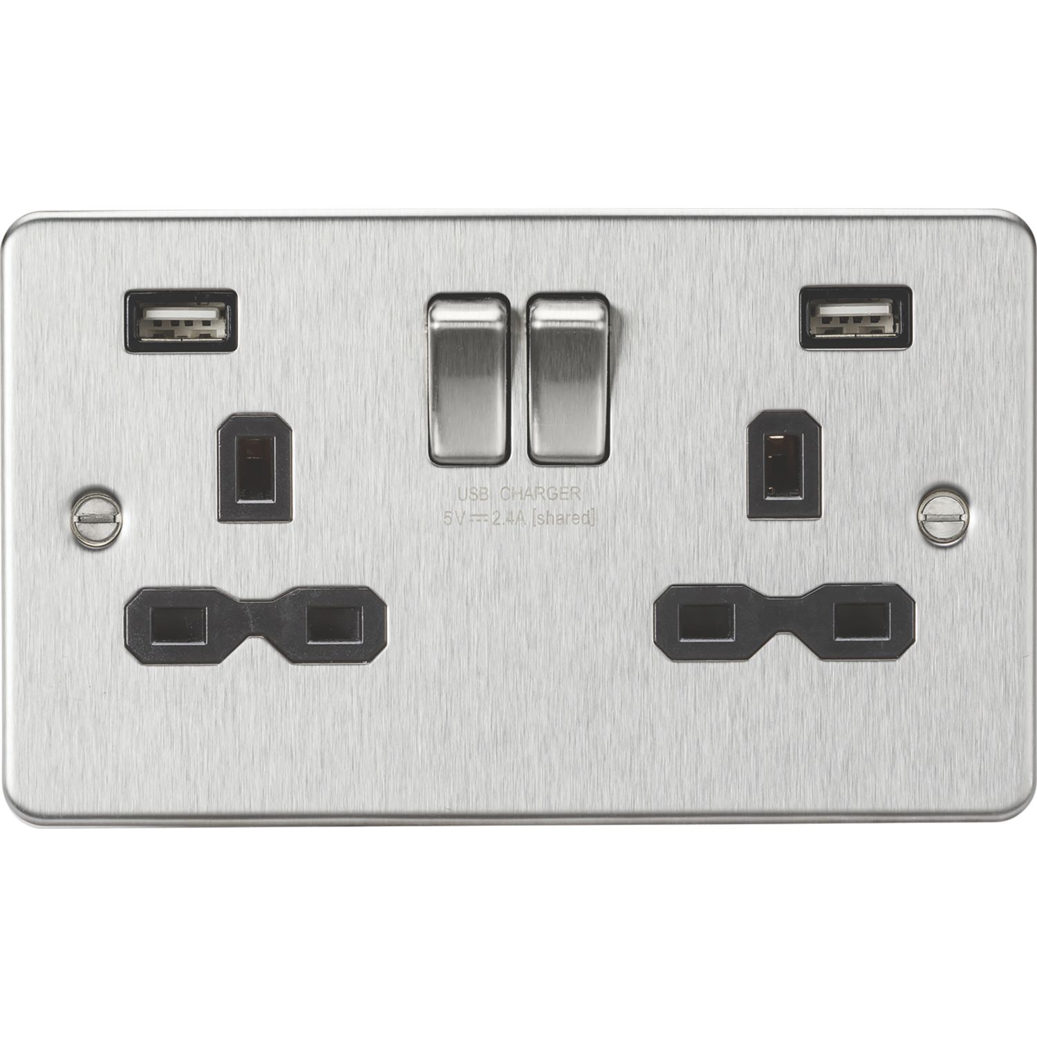 Knightsbridge 13A 2-Gang SP Switched Socket + 2.4A 12W 2-Outlet Type A USB Charger Brushed Chrome with Black Inserts (634TX)