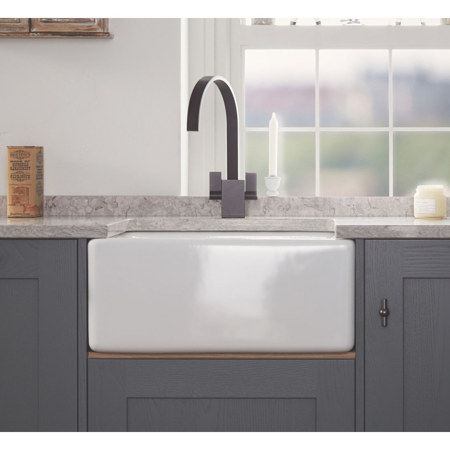 Abode 1 Bowl Fireclay Ceramic Kitchen Sink White 595mm x 455mm x 277mm (635PH)