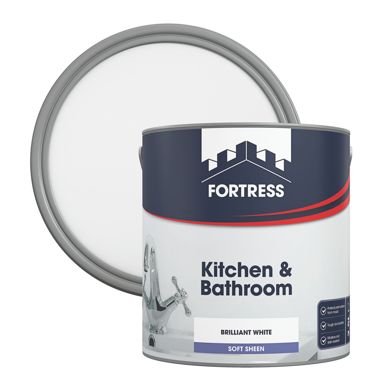Fortress 2.5Ltr Brilliant White Soft Sheen Emulsion Kitchen & Bathroom Paint (637JM)