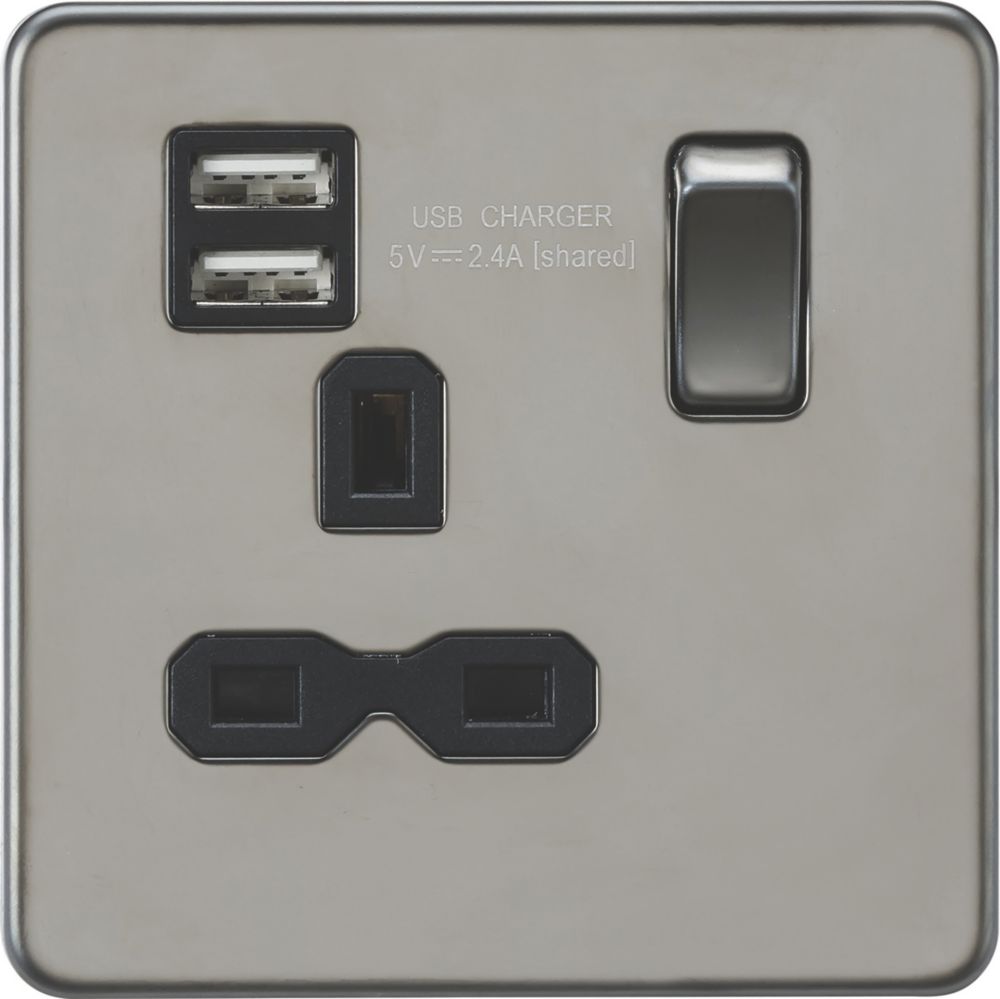 Knightsbridge 13a 1 Gang Sp Switched Socket 24a 12w 2 Outlet Type A Usb Charger Black Nickel 6167