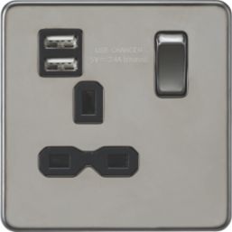 Knightsbridge SFR9124BN 13A 1-Gang SP Switched Socket + 2.4A 2-Outlet Type A USB Charger Black Nickel with Black Inserts