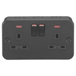 Knightsbridge  Black 13A 2-Gang DP Switched Metal Clad Double Socket with Neon with Black Inserts