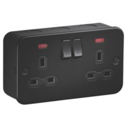 Knightsbridge  Black 13A 2-Gang DP Switched Metal Clad Double Socket with Neon with Black Inserts