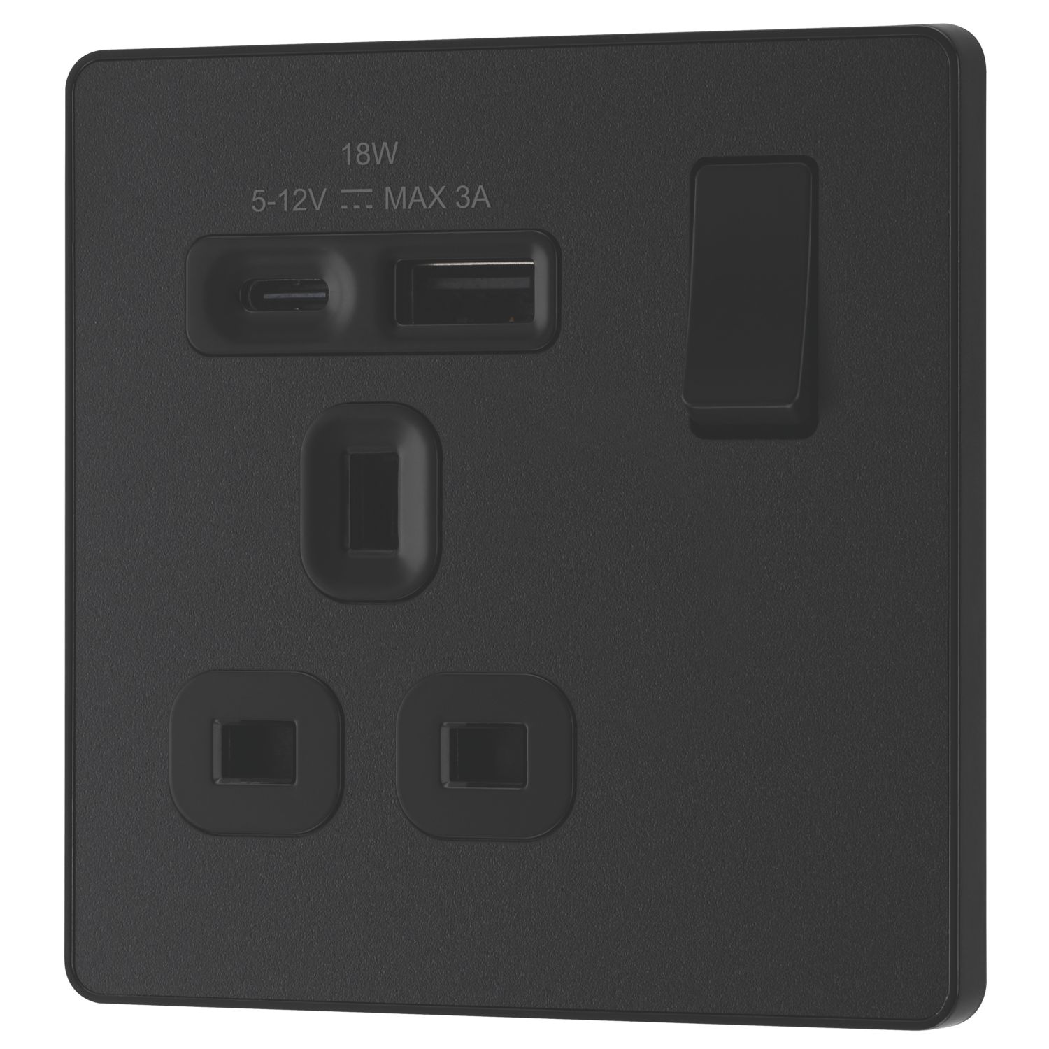 British General Evolve 13A 1-Gang SP Switched Socket + 3A 18W 2-Outlet Type A & C USB Charger Matt Black with Black Inserts (638CH)