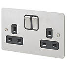 MK Edge 13A 2-Gang DP Switched Plug Socket Brushed Stainless Steel  with Black Inserts