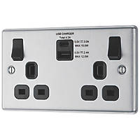 LAP  13A 2-Gang SP Switched Socket + 4.2A 2-Outlet Type A & C USB Charger Brushed Stainless Steel with Black Inserts