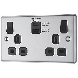 LAP  13A 2-Gang SP Switched Socket + 4.2A 2-Outlet Type A & C USB Charger Brushed Stainless Steel with Black Inserts