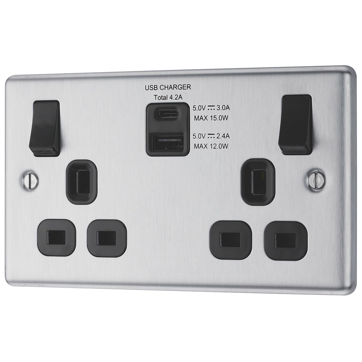 LAP 13A 2-Gang SP Switched Socket + 4.2A 15W 2-Outlet Type A & C USB Charger Brushed Stainless Steel with Black Inserts (640HF)
