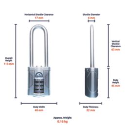 Squire Vulcan Combi 40/2.5 Water-Resistant Long Shackle Combination  Padlock Blue 40mm