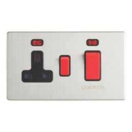 Contactum Lyric 45A 2-Gang DP Cooker Switch & 13A DP Switched Socket Brushed Steel with Neon with Black Inserts